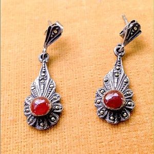 Vintage 1920s/30s Marcasite Carnelian Earrings 925